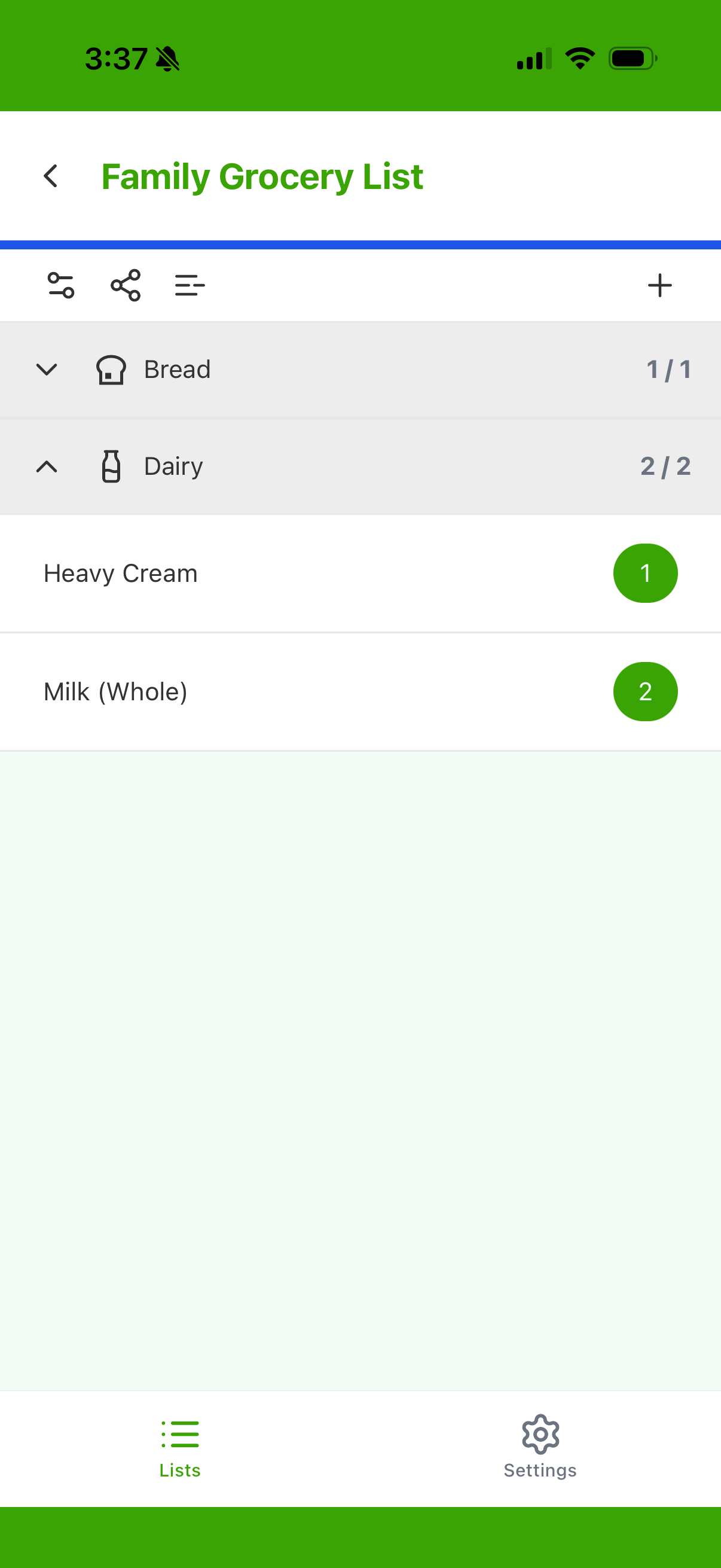 Family grocery list items screen