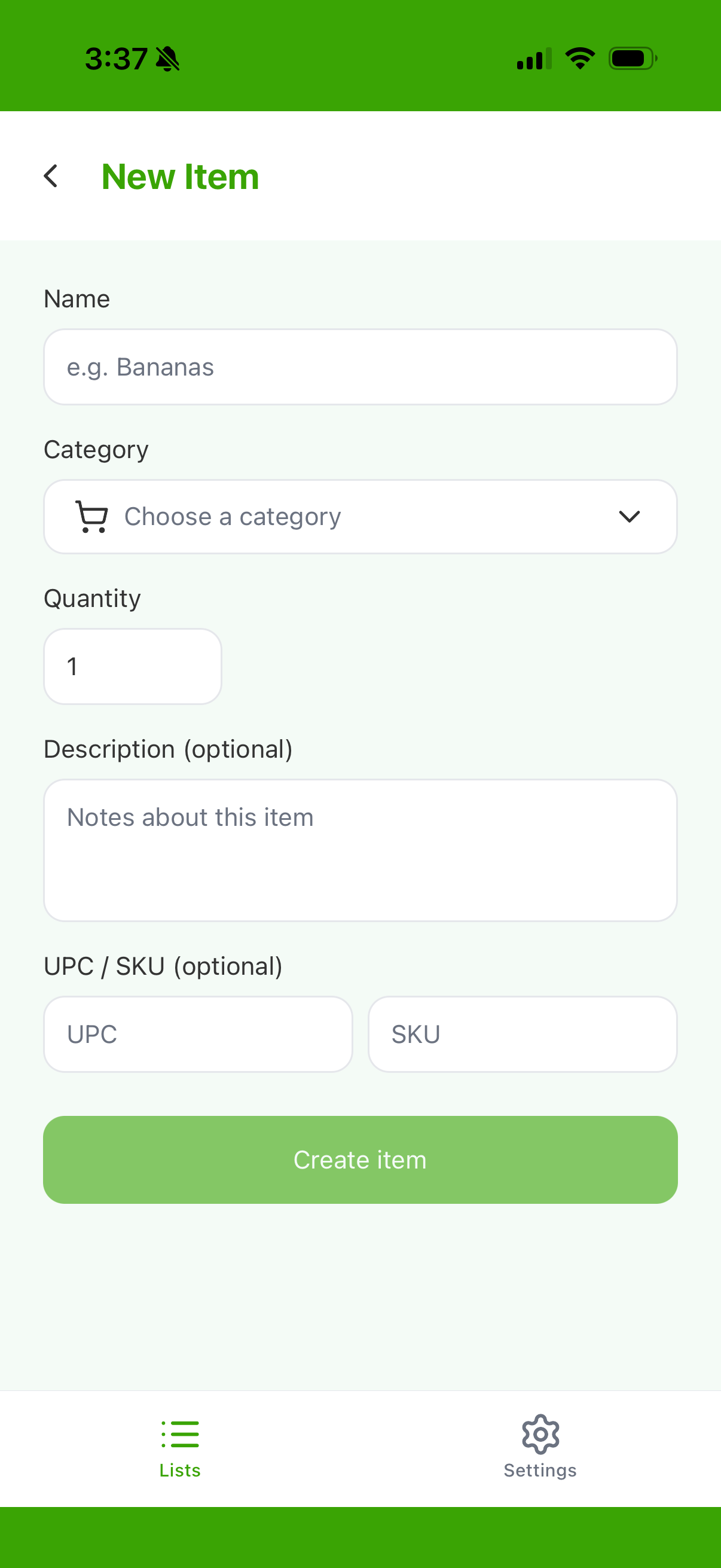 Create a new item screen